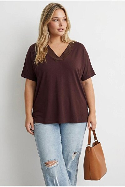 Koza Butik Women's Plus Size Short Sleeve V-Neck Stone Detailed Blouse 2051-26