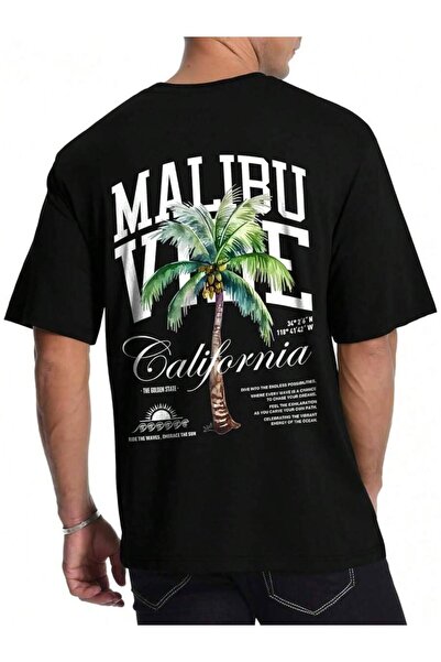 01THEONE تي شيرت رجالي برسومات مطبوعة بأكمام قصيرة من Malibu Vibe Palm Tree، ...