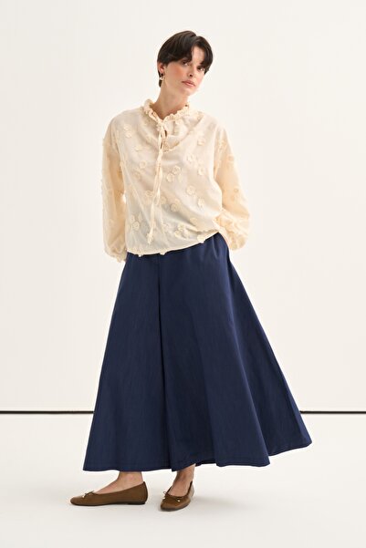 EBU Prive Women's Flared Jean Skirt Pants Navy Blue