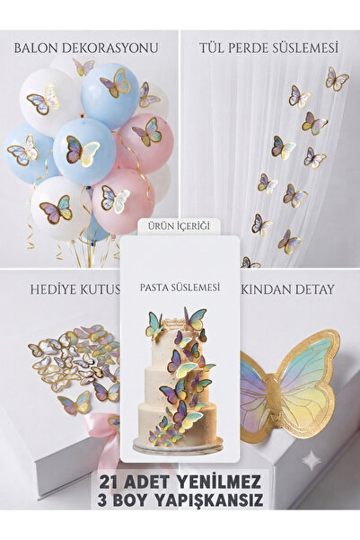 ÇAVUŞ E-TİCARET 21 Adet Makaron Renk Kelebek Süs Balon,Pasta,Parti,Doğum Günü...