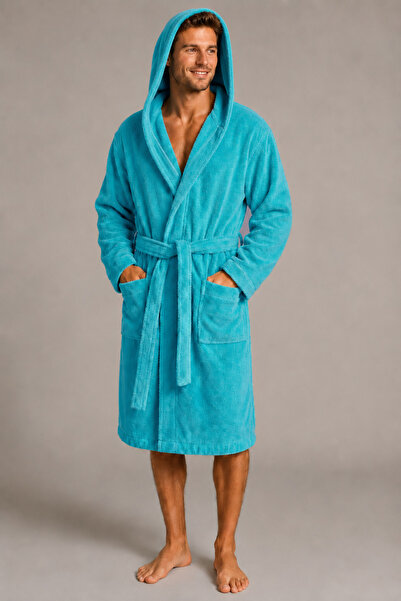 Motif Tekstil Men's Hooded 100% Cotton Bathrobe with Pockets – Turquoise