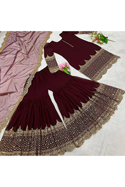 MYSMAR Maroon Faux Georgette Salwaar Kameez Dupatta - HRT3940-Maroon-Size-L-4...