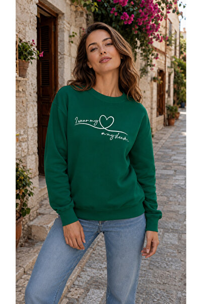 TREND EMMODA Women's Calligraphic Written Heart Printed Round Neck Casual Bas...
