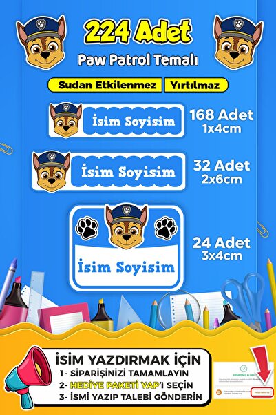 SB store Okul Kreş Kişiye Özel isim Etiket Seti Paw Patrol Temalı - Model 731