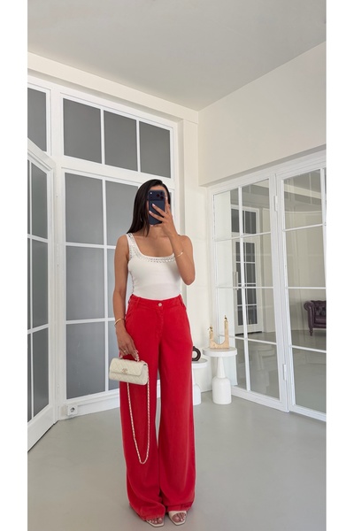 GAUS CO Kırmızı Yıkamalı Tencel Denim Pantolon GAUS-01786