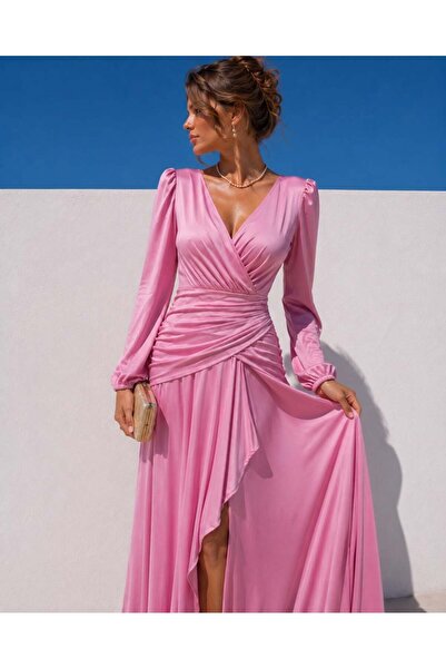 Modafeminen Long Sleeve Double Breasted Collar Waist Draped Satin Maxi Evenin...