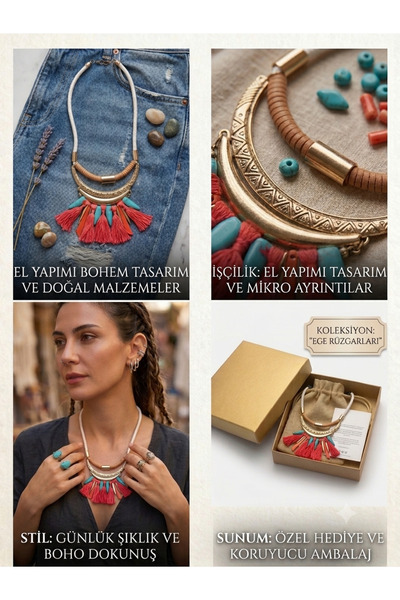 Genel Markalar Otantik Bronz Metal ve Renkli Püsküllü Yaka Kolye - Boho Şık K...