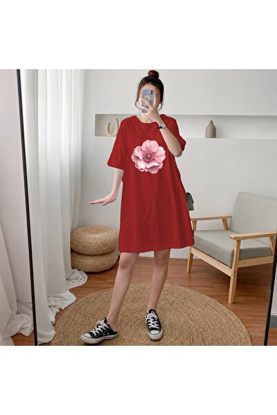 classy moda Γυναικείο μπλουζάκι με ροζ φλοράλ στάμπα, εξαιρετικά μακρύ και υπ...
