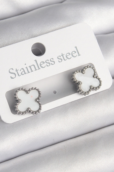 Mega Bazaar 316L Steel Silver Color White Clover Model Women's Earrings