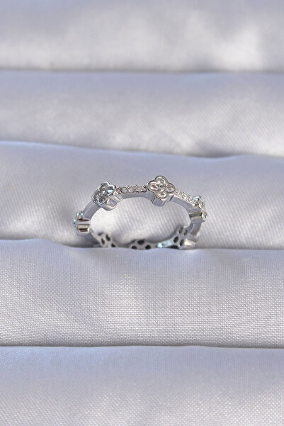 Mega Bazaar Brass Silver Color Zircon Stone Clover Model Adjustable Ring