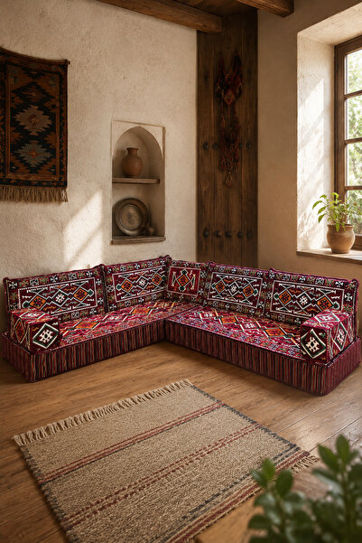 FEYZA DECOR HOME 20 cm Süngerli Bordo Anadolu Desenli 9 Parça L Şark Köşesi T...
