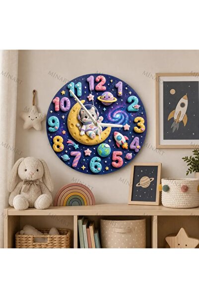ensaat Astronaut Cat Galaxy Children's Room Wall Clock Silent Wooden Clock 34...