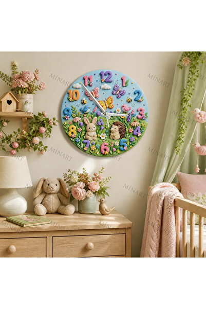 ensaat Forest Rabbit and Hedgehog Children's Room Wall Clock Silent Wooden Cl...