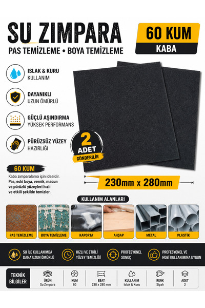 Bhd Su Zımpara 60 Kum Pas Temizleme Boya Temizleme 230mm X 280 mm (2 Adet Gön...