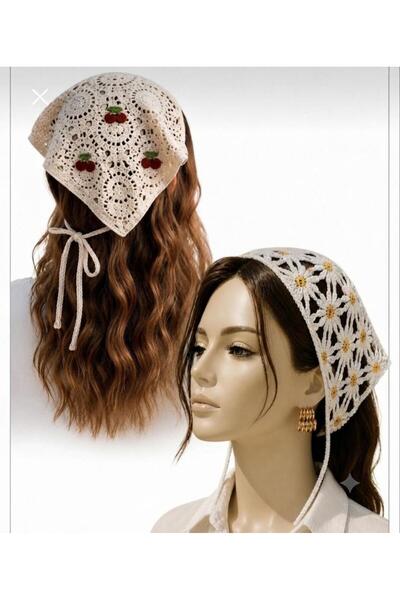 İNCİ ÇEYİZ 2-Pack Vintage Yellow Daisy Bohemian Crochet Cherry Flower Bandana
