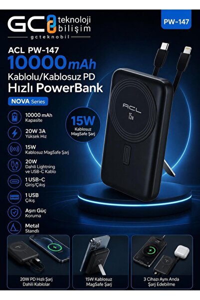 ACL PW-147 10000 mAh Kablolu 20W / Kablosuz 15W PD Hızlı PowerBank Metal Stan...
