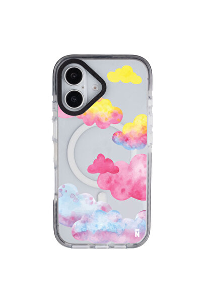 Casen iPhone 16 Yanları Siyah Magsafe Arty Şeffaf Colorful Bulut Tasarımlı Pr...