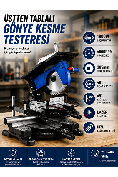 OPTIVEX 305mm 1800W Gönye Kesme Makinesi Üstten Tablalı Lazerli Profesyonel K...