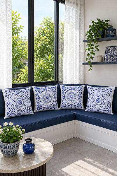 Bebişim Halı Blue and White Mandala and Tile Patterned Set of 4 Decorative Th...