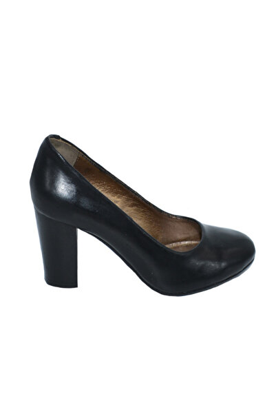 OEM Pantof de culoare negru din piele, cu varf rotund si toc inalt, gros