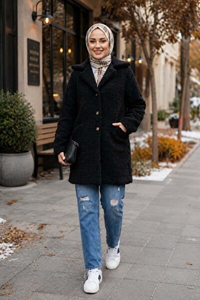 Hb Harma Time Butik Women's Lined Buttoned Double-Breasted Black Plush Coat