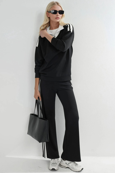 fiolin Soft Touch Modal Textured Zippered Collar Striped Wide Leg Two-Piece Set