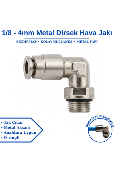 BROTECH 1/8 - 4 mm Dirsek Metal Hava Jakı - Pnomatik Jak - Hortum Jakı - Tekli