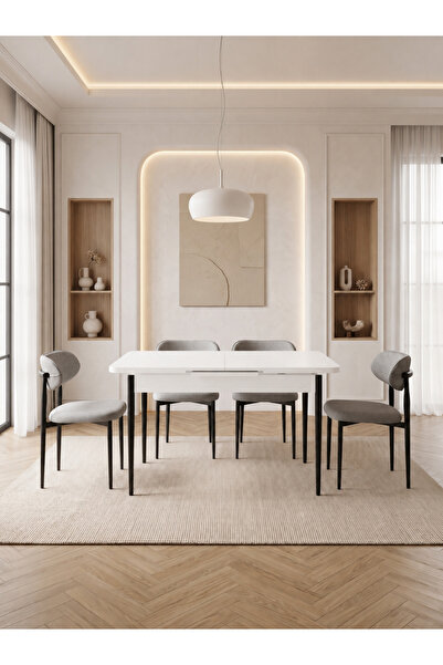 Concept Ayz Home Bella Serisi 4 Kişilik A.Gri Kumaş 80*130 Beyaz Masa Sandaly...