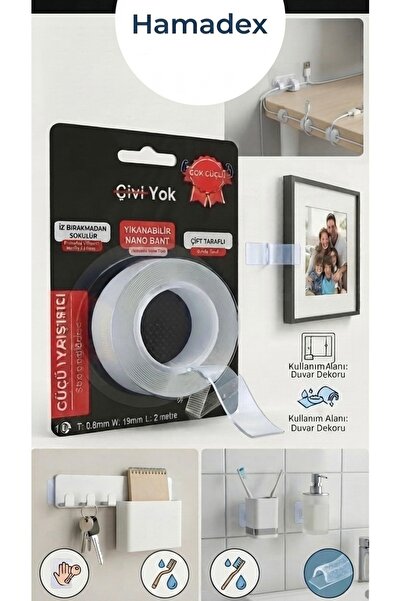 HAMADEX Çift Taraflı Şeffaf Yıkanabilir Nano Bant - 2 Metre (Çivi Yok) Duvar ...