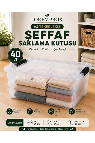 LOREMPBOX 40 LT Tekerlekli Şeffaf Saklama Kutusu | Kilitli Kapaklı Plastik Dü...