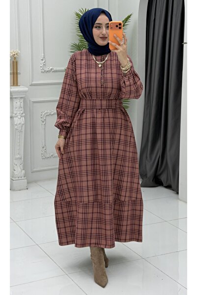 markadeneme56 Plaid Dress Red Women's Stylish Checkered Dress New Season Dail...