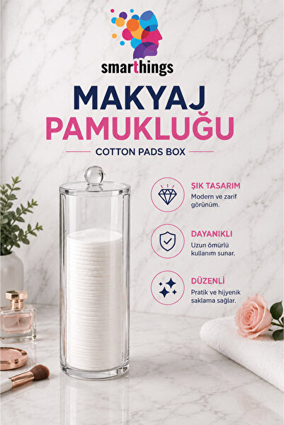 smarthings Şeffaf Akrilik Makyaj Pamukluğu Kapaklı Pamuk Saklama Kutusu