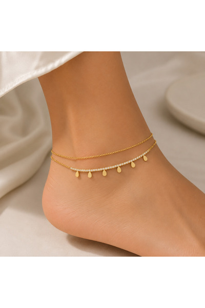 Yonida Jewelry 14K Gold Renk Kaplama Zirkon Detay Pul Sallantılı Çift Zincir ...