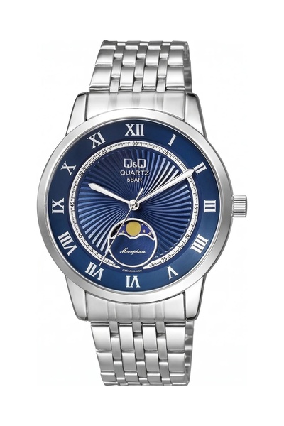 Q&Q Lacivert Kadran Moonphase Göstergeli Su Geçirmez Gümüş Çelik Kordon Erkek...