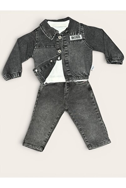 Smart Kids Erkek Bebek Siyah Kot Ceketli 3'lü Takım Denim Alt Üst Takım