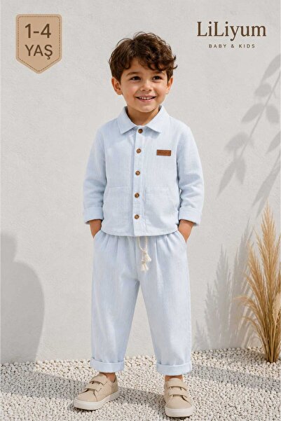 LİLİYUM 1-4 Years Boys' Linen Look Shirt and Pants Set - Stylish and Comforta...