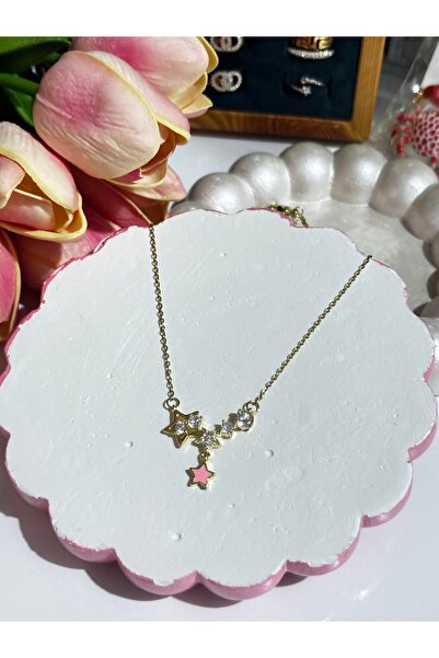 MODA Maisonlune Women's Steel Star Figured Zircon Stone Pink Enamel Necklace
