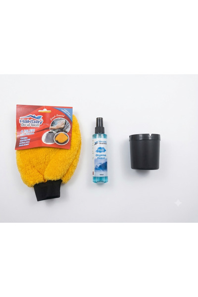3'lü Pratik Araç Temizlik ve Bakım Seti - Mikrofiber Yıkama Eldiveni + Okyanus Oto Kokusu (150ml) + Araç Küllüğü