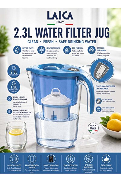 LAICA 2.3L Water Filter Jug Blue BPA Free Filter Pitcher with Bi Flux Cartrid...