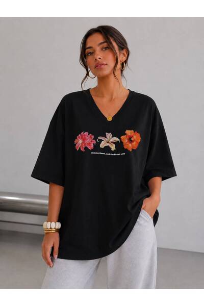 khufu Black V-Neck Oversize Summer Times Front Printed Cotton Relaxed Fit Uni...