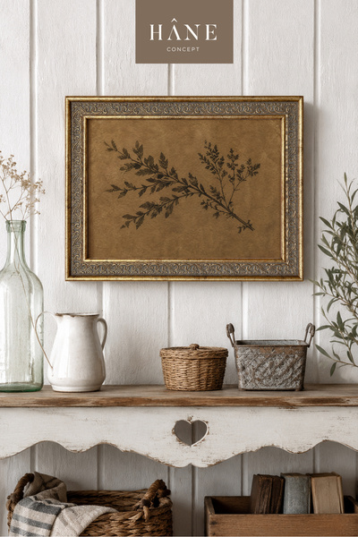 Hane Concept Vintage Botanik Dekoratif Tablo, Eskitme Gold Çerçeve