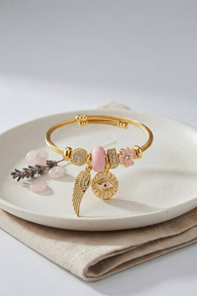 evimdeyokyok Pink Eye Model Gold Color Charm Bracelet Tj-Bb8679