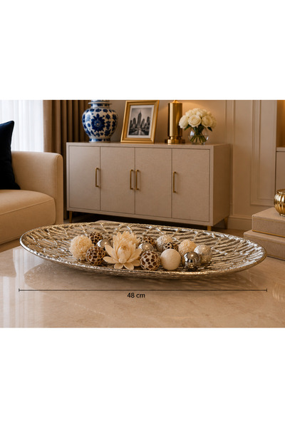 Hinora طبق قارب نحاسي ذهبي اللون منقوش مقاس 47×31 سم
