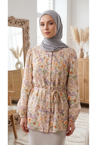 3B Stil Floral Patterned Ribbed Lace-Up and Buttoned Tunic