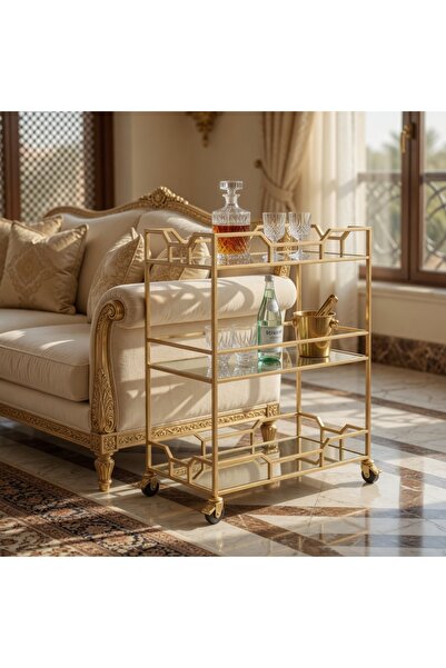 YINZUO 3-Tier Rolling Bar Cart with Glass Shelves, Tempered & Mirror Glass Storage Trolley, Metal Serving Cart with Wheels & Lockable