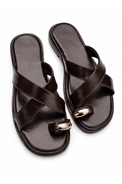 GNY AYAKKABI Gny Women's Brown Cross-Strapped Gold Buckle Slippers Daily Comf...