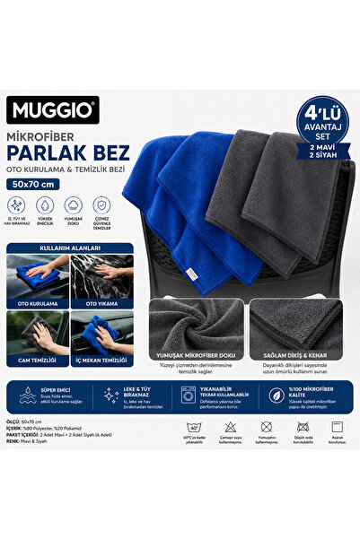 Muggio 50x70 Mikrofiber Parlak Bez 4'lü Avantaj Seti | Oto Kurulama & Temizlik Bezi, Süper Emici, İz Tüy Hav Bırakmaz