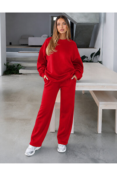 BayBayan Women's 3-Yarn Oversize Crewneck Straight-Leg Sweatshirt Tracksuit Set
