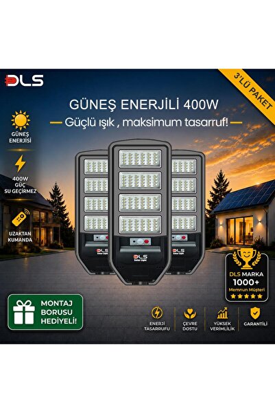 DLS 3'lü Paket 400W Güneş Enerjili Solar Sokak Lambası Hareket Sensörlü LED B...