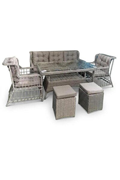 Elegance Rattan Bahçe Mobilyası 3+1+1+2 Puf 7 Kişilik Sehpalı Balkon Bahçe Teras Oturma Grubu Galvaniz İskelet